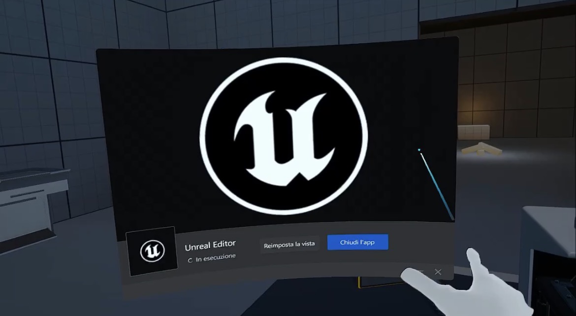 Menu di sistema di Unreal Editor durante il test in VR