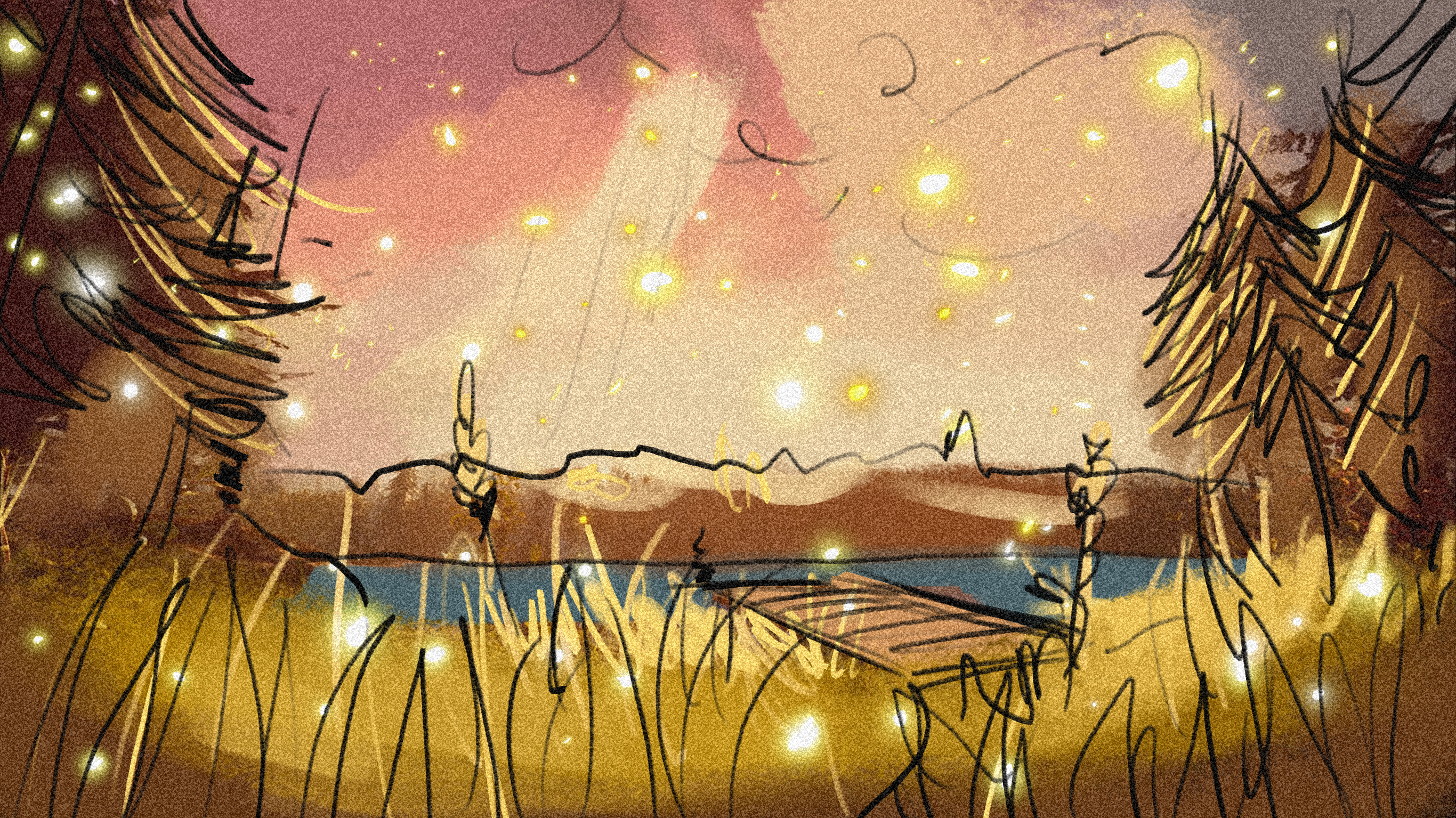Concept art — lago con lucciole